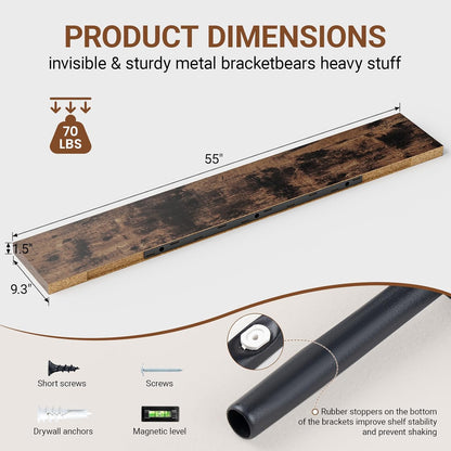 Heimlove 55 Inch Long Floating Shelves for Wall,9.3" Deep Rustic Brown Floating Shelf Set of 2,Large Display Shelf & Storage Shelf,Wall Mounted Shelves for Bedroom Living Room Kitchen Office