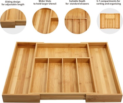 VaeFae Premium Bamboo Drawer Organizer, Expandable Silverware Drawer Organizer, Cutlery Tray with Dividers for Kitchen Utensils (Natural, Large)