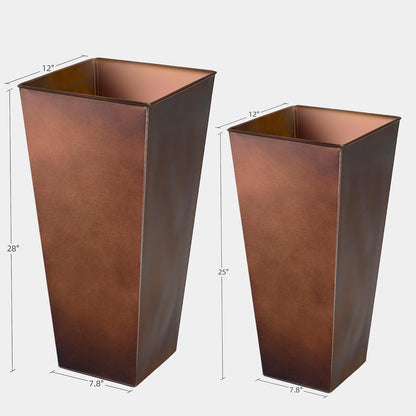 KOL 25'' & 28'' Tall Galvanized Steel Planter with Saucer, Metal Planter Pots for Indoor & Outdoor Use, Decorative Flower Plant Pots with Drainage Hole for Front Porch, Patio, Deck - Rust Color