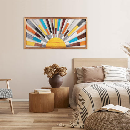 IARTTOP Large Boho Sun Wall Art Framed Wooden Art Wall Decor Rainbow Sun Rising On The Horizon Geometric Line Sunshine Wall Art for Living Room Bedroom Office 16"x32"