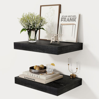 12 Inch Deep Black Floating Shelves, 16 x 12 Floating Shelf for Books, Rustic Wood Deep Wall Shelves for Home Storage & Display, 2" Thicked Shelves for Kitchen, Living Room, Bedroom, 2 Pack