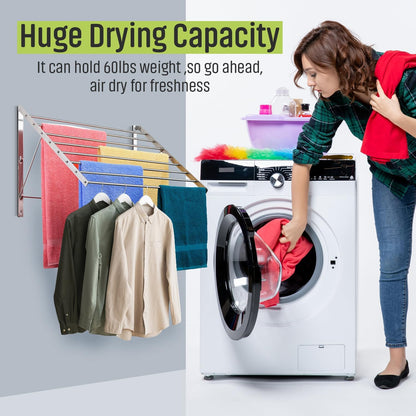 Smartsome | Wall Mounted | Clothes Drying Rack| 22" Wide |15 Linear Feet Capacity | 8 Smooth Round Stainless Steel Rods | 60 lb Capacity | Fully Assembled | Compact Sturdy Space-Saving Design