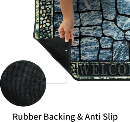 Door Mat Welcome Mat, Heavy Duty Door Mat 23.6 x 35.4 Inch Front Door Mat Rug Doormat for Outdoor Entrance Home Non-Slip Rubber Rug for Front Door, Outside, Entryway, Patio (Blue Welcome)