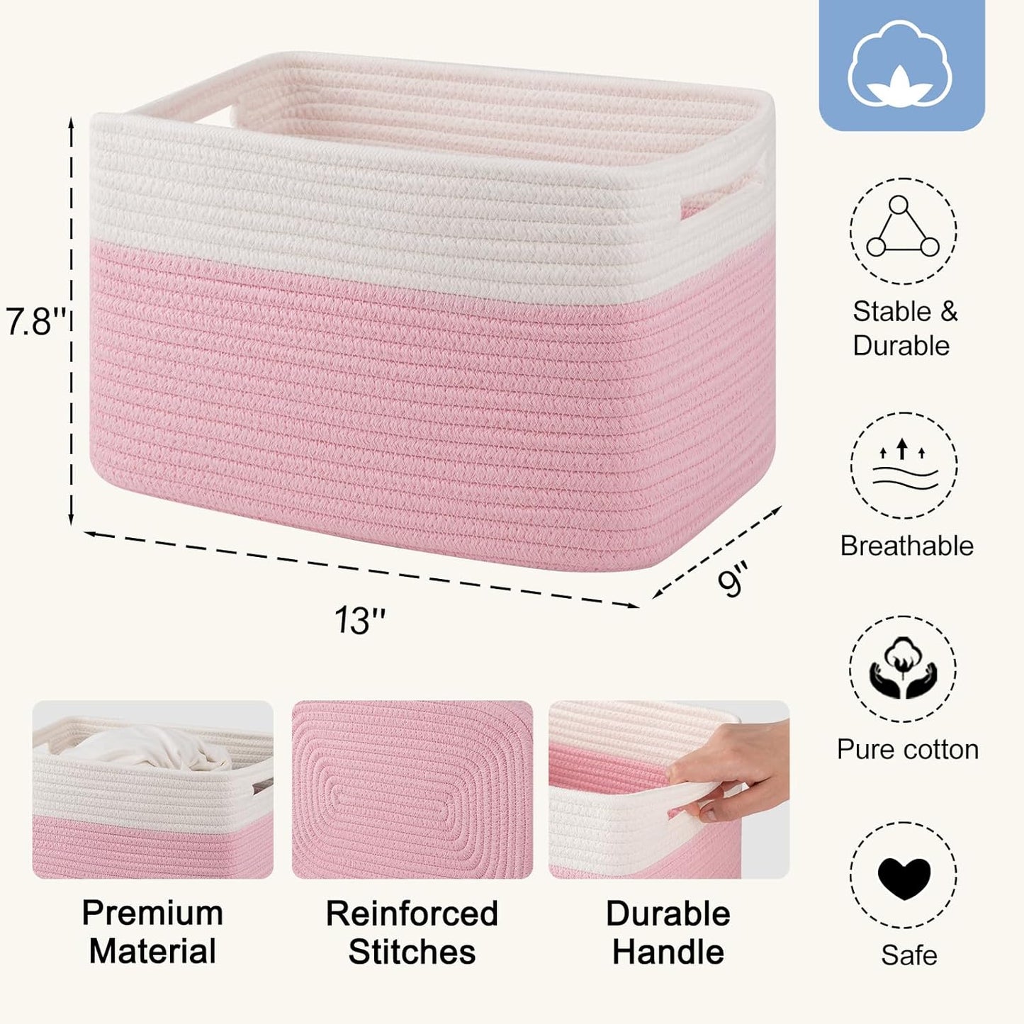 4 Pack Storage Baskets for Organizing, Woven Baskets for Shelves - Perfect for Toys, Books, Towels, and Clothes, Durable Gift Basket Bins Toy Storage, 12.7''Lx9''Wx7.8''H, Pink & White