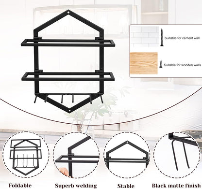 Wall Mounted Wine Stemware Rack, Metal Hanging Wine Glass Display Holde Holds 3 Cups 2 Bottles, Elegant Storage for Kitchen Dining Room Bar Wine Cellar (Black 2)