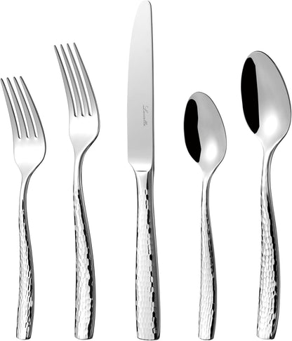 Luciella Ponza Flatware Set for 8, 45-Piece Stainless Steel Silverware Set with Serving Utensils, Timeless Hammered Design, Rust-Resistant, Mirror Polished & Dishwasher Safe