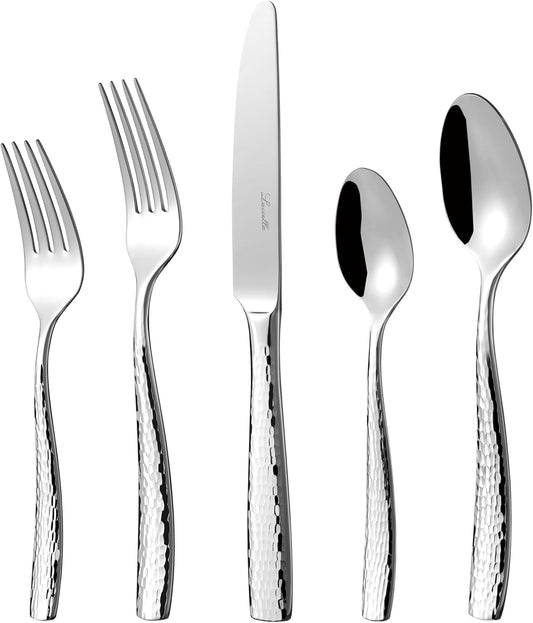Luciella Ponza Flatware Set for 8, 45-Piece Stainless Steel Silverware Set with Serving Utensils, Timeless Hammered Design, Rust-Resistant, Mirror Polished & Dishwasher Safe