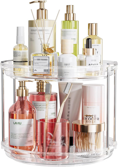 LAMU 10.6in Rotating Makeup Organizer for Vanity, 2 Tier Lazy Susan Turntable Stackable Spinning Skincare Organizer Cosmetic Perfume Tray for Bathroom Counter, Large Capacity, Clear