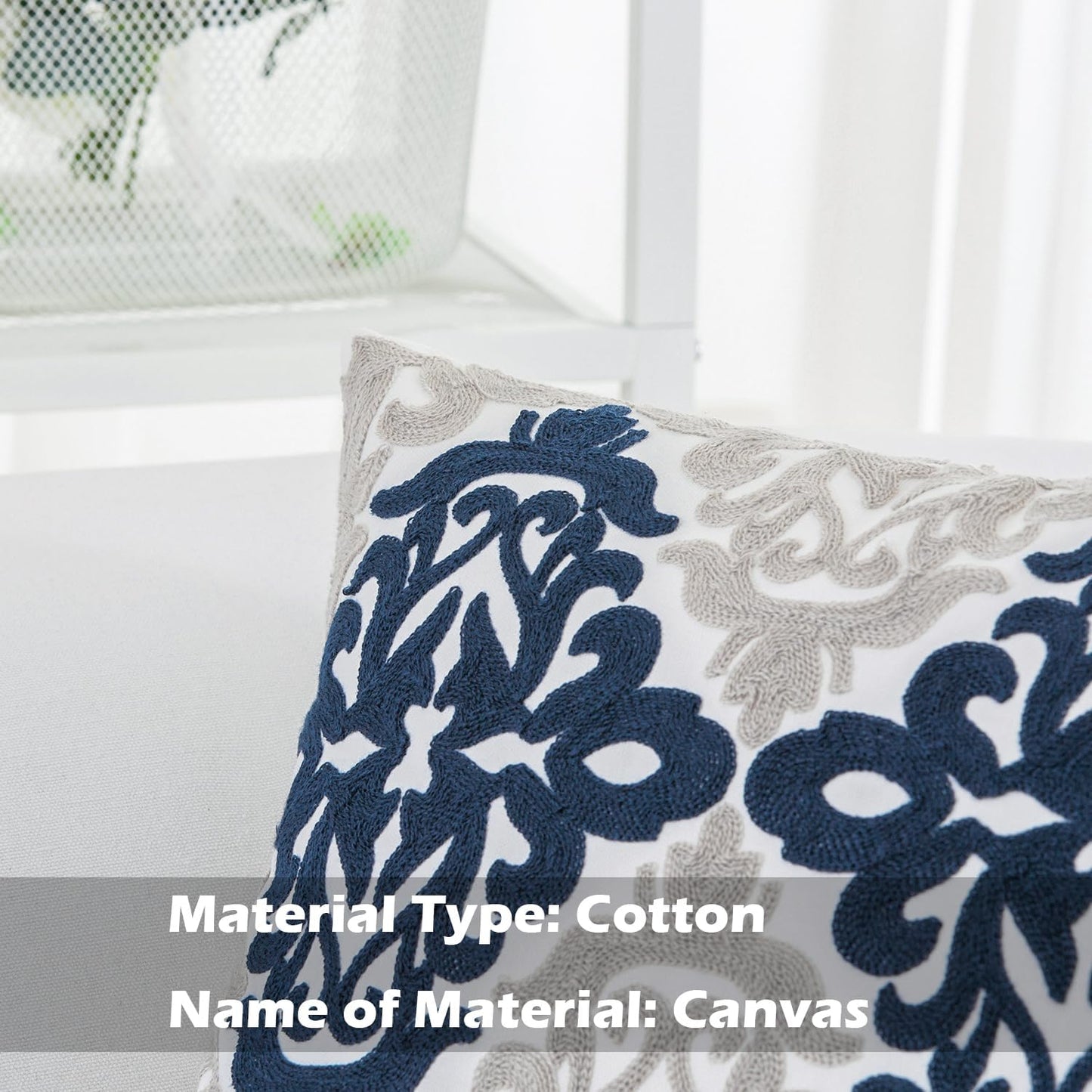 HWY 50 Navy Blue Decorative Throw Pillow Covers 18x18 Inch (1 Piece), Embroidered Cotton Farmhouse Cushion Cover Pillow Case for Sofa Couch Living Room Bed Bedroon, Floral Geometric