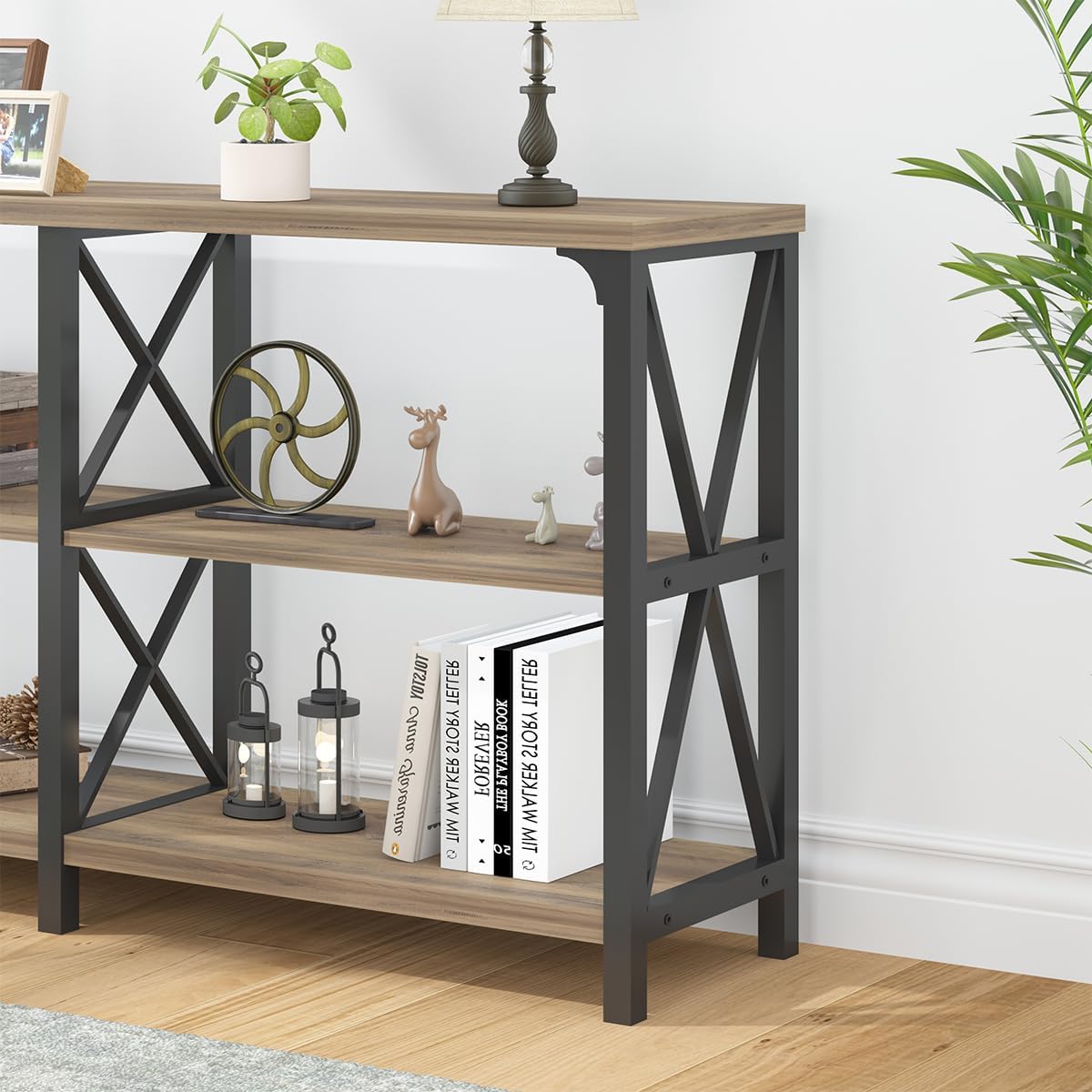 LVB Rustic Console Table, Wood Metal Entryway Table Behind Couch, Industrial Sofa Table with 3 Tier Storage Shelf, Modern Wooden Foyer Hallway Table for Entry Living Room Bedroom, Rustic Oak, 47 Inch