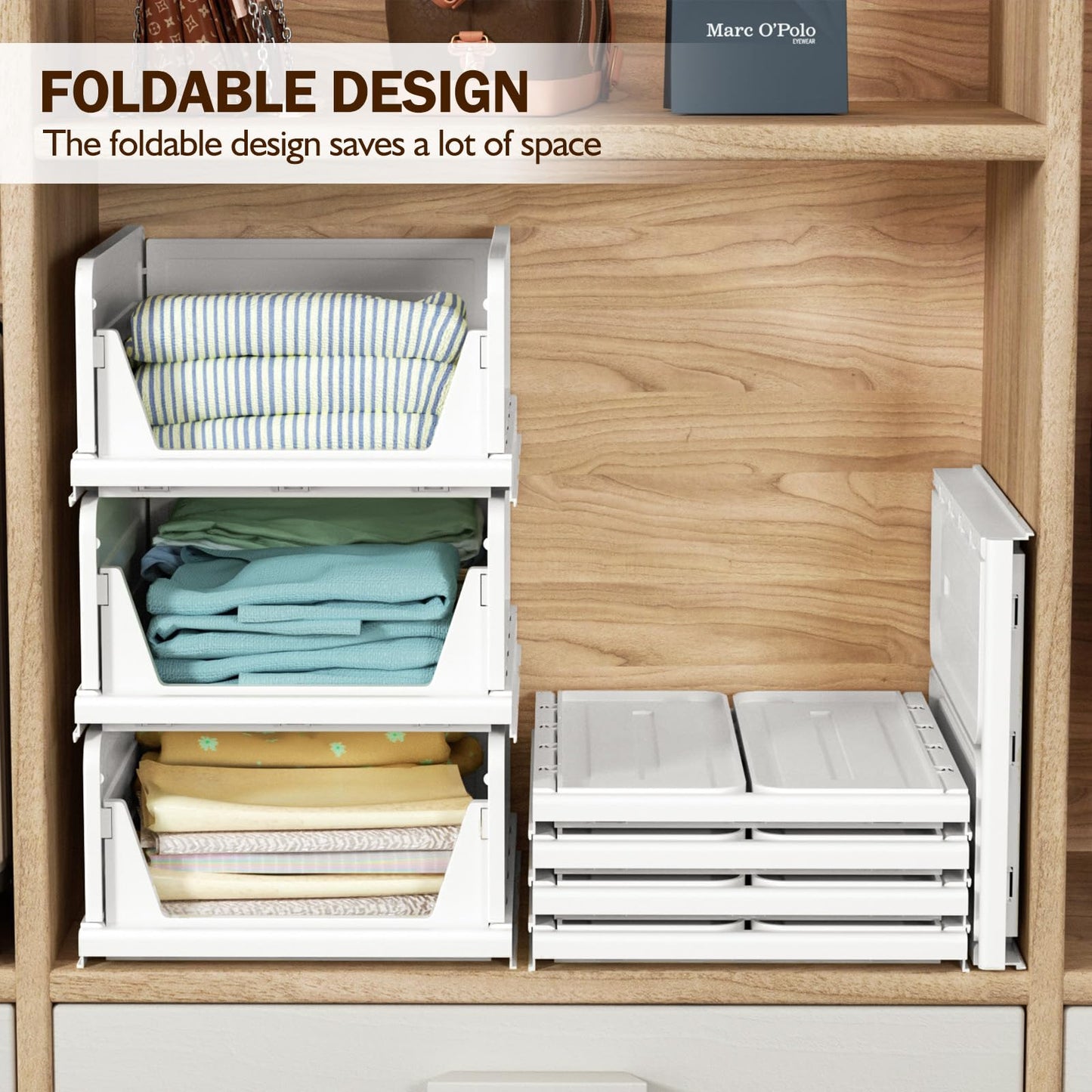 6 Pack Folding Closet Organizers Storage Box, Stackable Storage Bins, Plastic Drawer Basket Closet