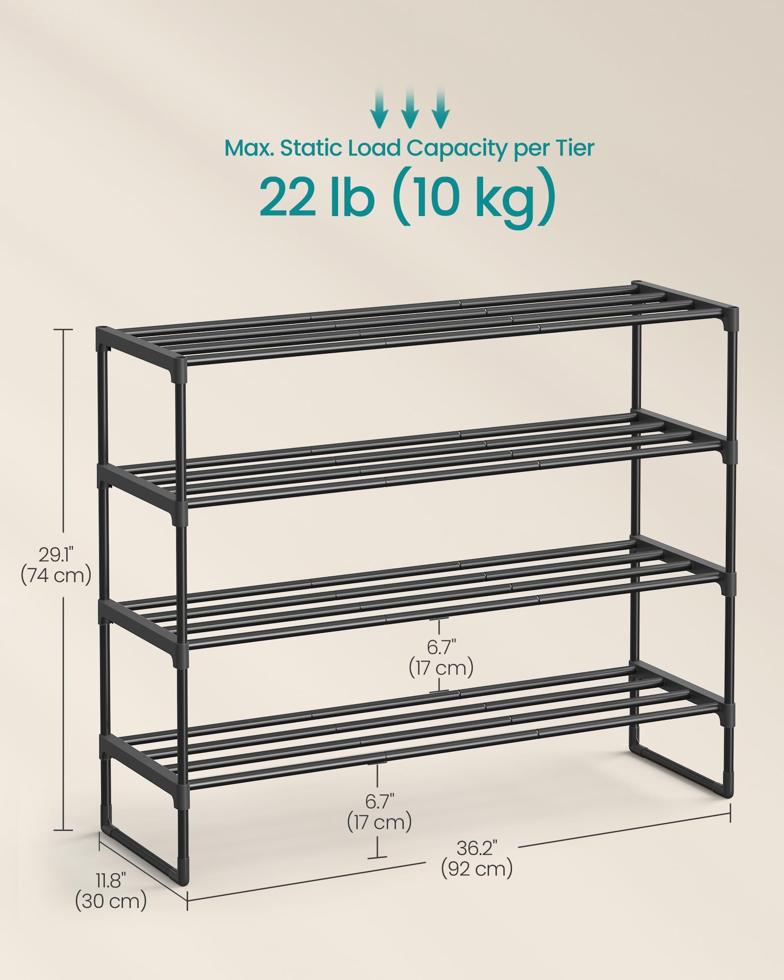 SONGMICS Shoe Rack, 4-Tier Shoe Organizer, Metal Storage Shelf, Upright or Upside Down, for 20-25
