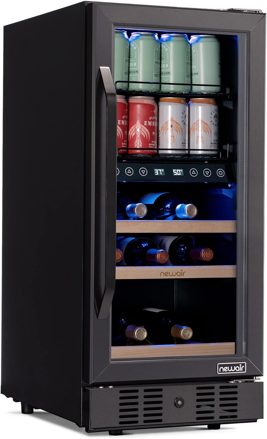 Newair 15" Wine and Beverage Refrigerator 9 Bottle and 48 Can Capacity, Beverage Cooler in Stainless Steel, Built-in or Freestanding Dual Zone Drink Fridge with Triple-Pane Glass Door