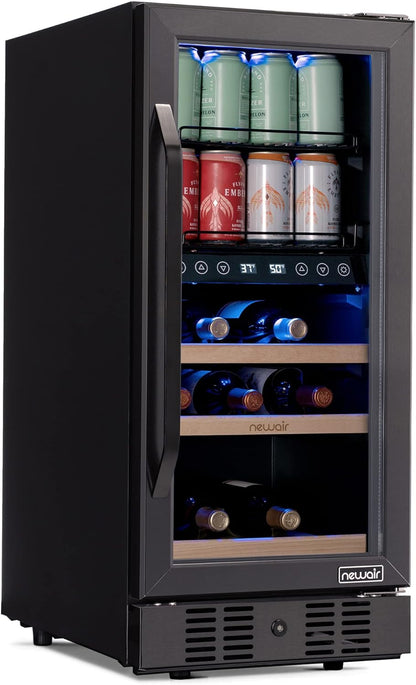 Newair 15" Wine and Beverage Refrigerator 9 Bottle and 48 Can Capacity, Beverage Cooler in Stainless Steel, Built-in or Freestanding Dual Zone Drink Fridge with Triple-Pane Glass Door