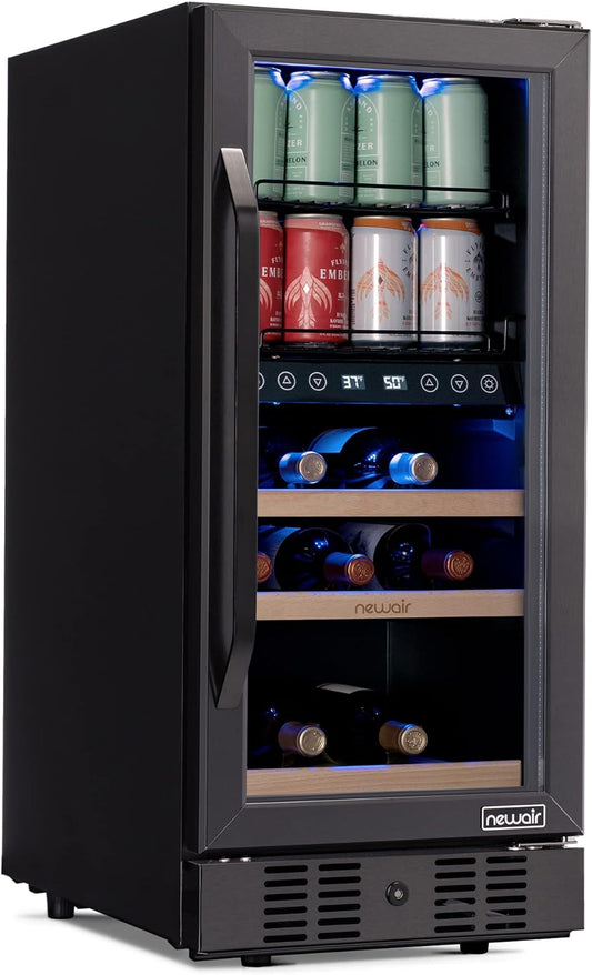 Newair 15" Wine and Beverage Refrigerator 9 Bottle and 48 Can Capacity, Beverage Cooler in Stainless Steel, Built-in or Freestanding Dual Zone Drink Fridge with Triple-Pane Glass Door