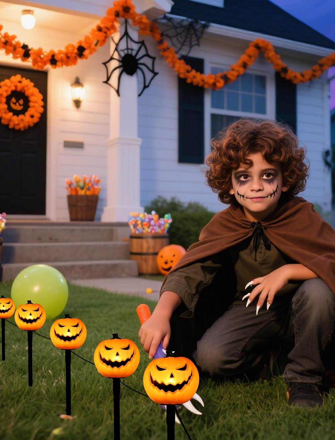 Classic Halloween Charm: 5 Pack UL-Listed Pumpkin Pathway Lights,Warm & Steady Plug-in Jack o' Lanterns,Weatherproof Outdoor Decor Stakes for a Safe, Nostalgic Trick-or-Treat Yard