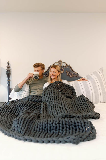 Nuzzie Chunky Knit Weighted Blanket - Breathable, Cooling, Hand Made Knit Throw Blanket for Sleep - Machine Washable, Stylish Decor Design (Charcoal, Queen | 28lbs | 80"x80")
