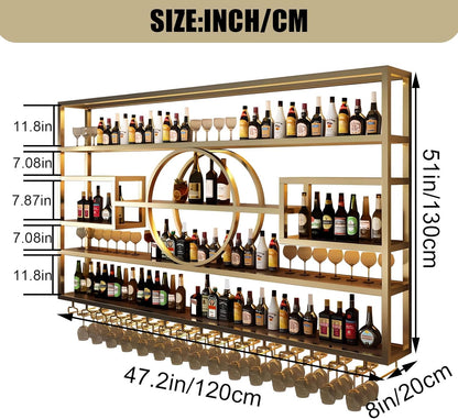 47.2in Wall Mounted Wine Rack, Modern Metal Wine Bottle and Glass Holder, Iron Display Stand Decorative Wine Rack, for Bar Living Room Dining Room Background (Gold, 47.2 * 8 * 51INCHES)