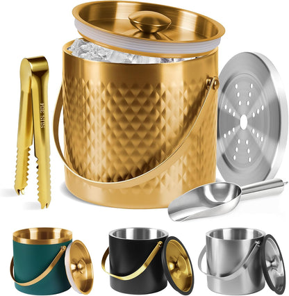 Ice Bucket, Gold Ice Bucket 3L with Silicone Sealing Ring Double-Wall Vacuum Insulation Champagne Buckets with Filter Layer Ice Tongs Ice Scoop (Gold, 3 L)