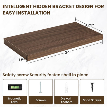 24 Inch Floating Shelves, 12 Inch Deep Floating Shelves for Wall, Floating Shelf with Invisible Brackets, Deep Shelves for Bathroom, Bedroom, Living Room, 2 Pack, Walnut