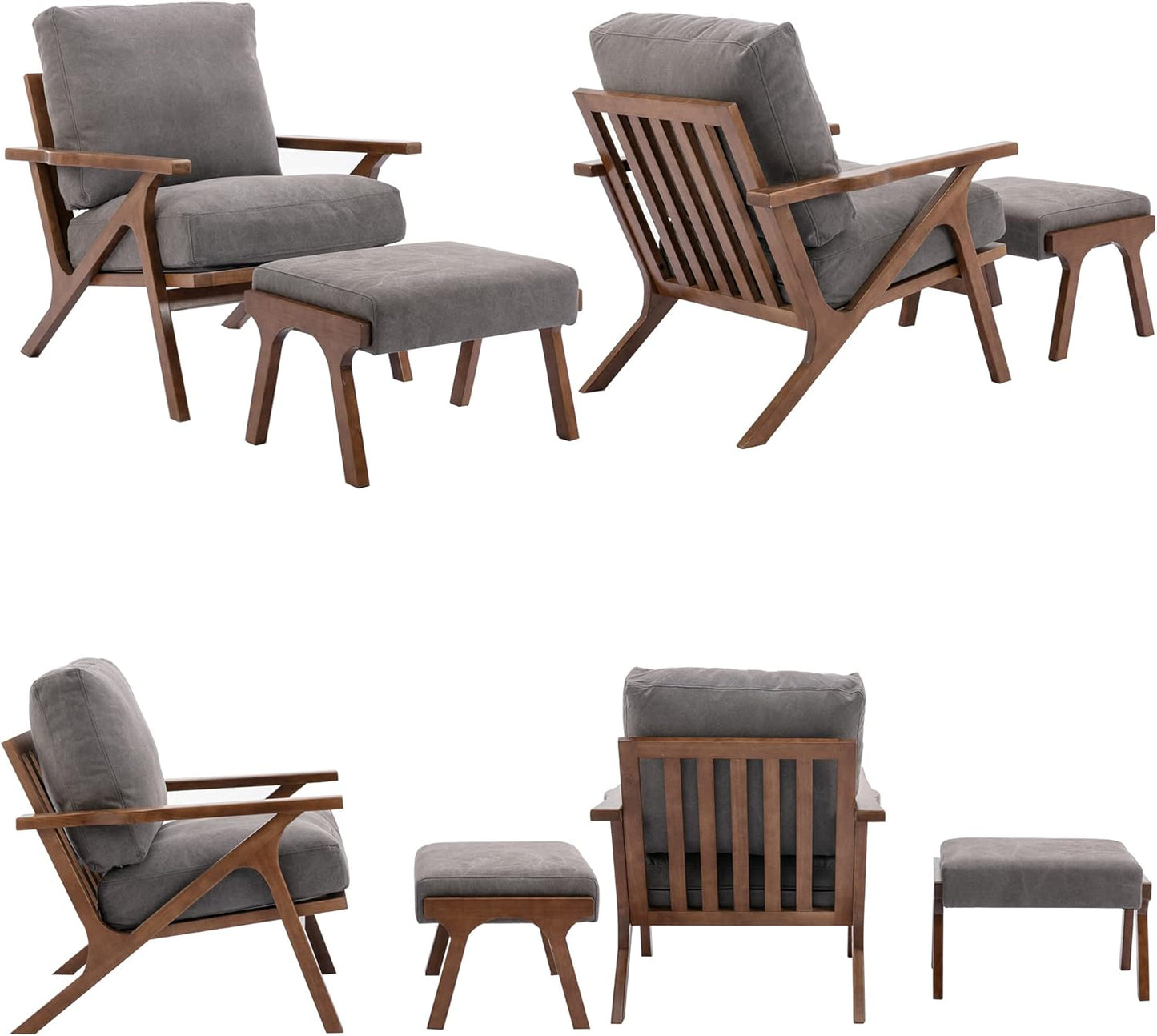 Mid Century Modern Accent Chair with ottoman, Farmhouse Linen Upholstered Living Room Armchair and Ottoman Set, 23" Seat Wide Retro Leisure Lounge Chair with Wood Frame for Home, Bedroom, Office, Grey