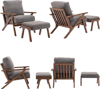 Mid Century Modern Accent Chair with ottoman, Farmhouse Linen Upholstered Living Room Armchair and Ottoman Set, 23" Seat Wide Retro Leisure Lounge Chair with Wood Frame for Home, Bedroom, Office, Grey