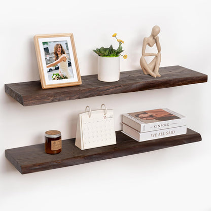 RICHFOCUS Live Edge Elm Floating Shelves - 36" W x 9.3" D Rustic Solid Wood Wall Shelves with Invisible Bracket, Wall-Mounted for Living Room, Bedroom, Kitchen Storage & Display, Set of 2, Walnut