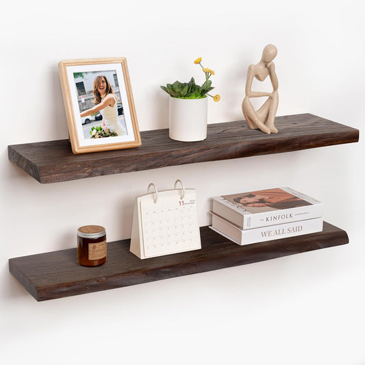 RICHFOCUS Live Edge Elm Floating Shelves - 36" W x 9.3" D Rustic Solid Wood Wall Shelves with Invisible Bracket, Wall-Mounted for Living Room, Bedroom, Kitchen Storage & Display, Set of 2, Walnut