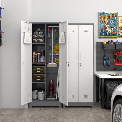 Locking Cabinet,Metal Storage Cabinet with Doors and Shelves,Broom Closet Storage Cabinets for Bedroom,Home Office,Grey-White