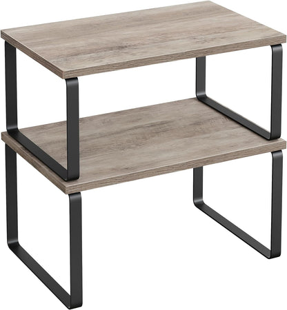 SONGMICS Cabinet Organizer Shelf, Set of 2 Kitchen Counter Shelves, Kitchen Storage, Spice Rack, Stackable, Expandable, Metal and Engineered Wood, Ink Black and Heather Greige UKCS020X02