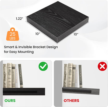 Square Floating Shelves for Wall, 10" W x 10" D x 1.2" H, Small Wooden Wall Mounted Display Shelves with Invisible Brackets for Living Room, Bedroom, Bathroom, Kitchen Decor, Set of 4, Black