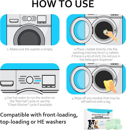 Washing Machine Cleaner 48 Pack-24 Month Supply,Cleaning Tablets Formulated for Pet Owners for He,Easy Pet Hair Remover for Laundry.Top & Front Load Washer.Septic Safe.