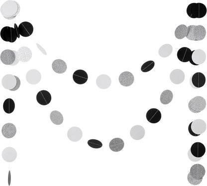 Black White Silver Glitter Paper Garland Circle Dot Streamer Banner for Graduation Bridal Shower Wedding Birthday Party Decorations, 2.5" in Diameter, 20 Feet in Total