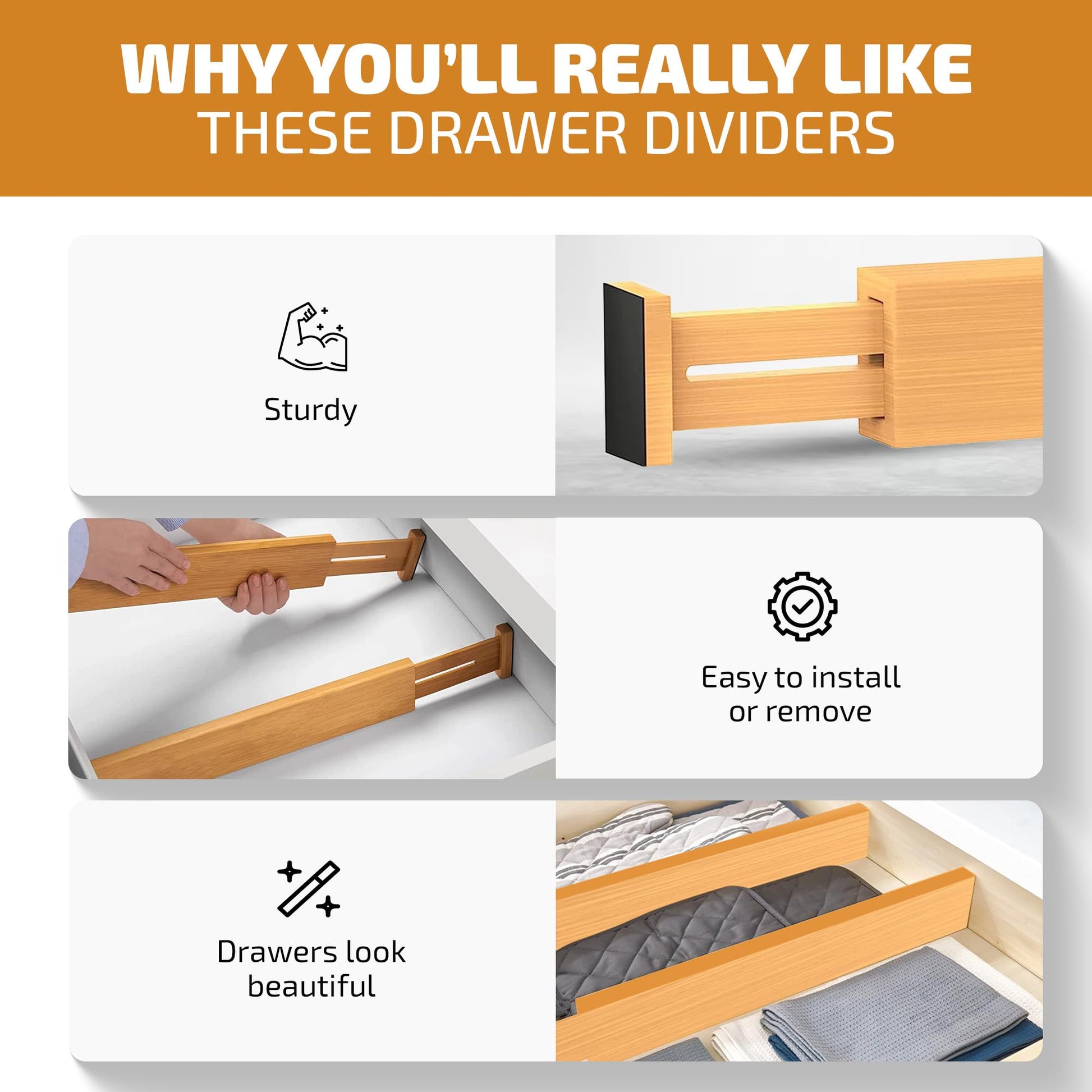 Bambüsi 4-Pack Drawer Divider - 2.6" High, 16" to 22" Adjustable Bamboo Drawer Organizers for