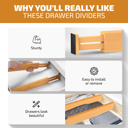 Bambüsi 4-Pack Drawer Divider - 2.6" High, 16" to 22" Adjustable Bamboo Drawer Organizers for