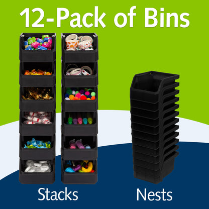 ReadySpace Extra-Small Stackable Plastic Storage Bins, 12-Pack, Black