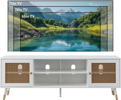JYED Mid Century Modern TV Stand and Console for TVs Up to 75" - White Entertainment Center, 2 Gold Metal Mesh Doors & MDF Wood Grain, 15.8" D x 66" W x 23.5" H