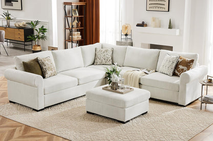 L Shaped Sectional Sofa with Ottoman,Rolled Armrest,Modern Sectional Modular Couch for Living Room,Breathable Linen Fabric Corner Couch with 7 Seats for Apartment,Removable Sofa Cushion,Ivory