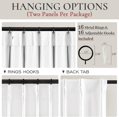 Pinch Pleated Bright White Blackout 95 Inch Curtains 2 Panels Set for Bedroom, Elegant Flax Linen Room Darkening Drapes with Hooks Rings & Ceiling Track 95 Inches Length Window Curtain for Dining Room