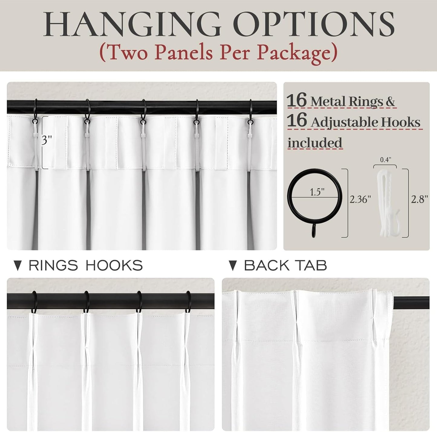 Unique Bright White Blackout Linen 92 Inch Curtains 2 Panels Set for Kids Room / Nursery, Rustic Farmhouse Pinch Pleated Insulated Drapes Room Darkening Privacy Burg for 90 - 92 Inches Large Windows