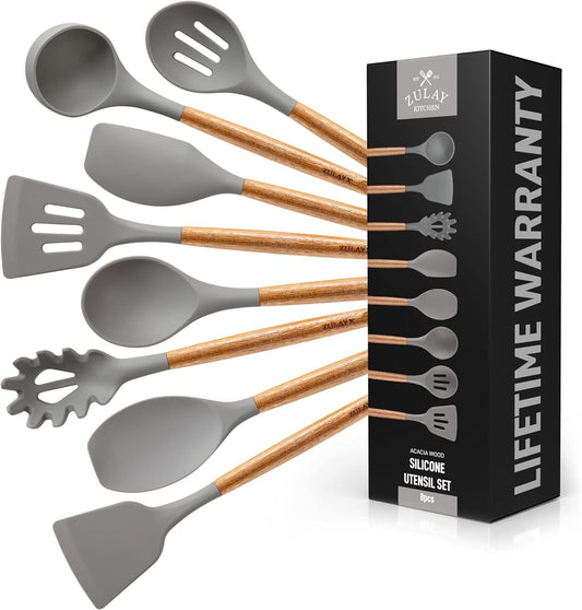 Zulay Kitchen Utensils Set Non-Stick Silicone Cooking Utensils Set with Authentic Acacia Wood Handles - 8 Piece Set - Silicone Kitchen Utensils Set with 464°F Heat Resistance - Gray