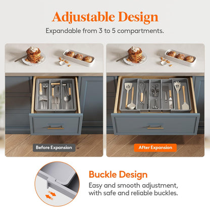 Lifewit Utensil Organizer for Kitchen Drawers, Expandable Cooking Utensil Tray, Adjustable Cutlery Silverware Flatware Holder, Plastic Kitchen Spatula Tools and Gadgets Storage Divider, Large, Gray