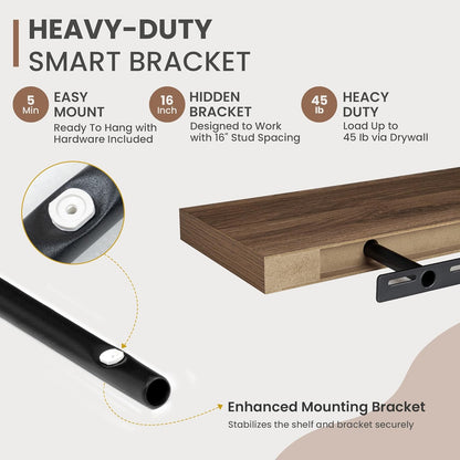 48 Inch Floating Shelves, 8 Inch Deep Floating Shelves for Wall, Hanging Shelf with Invisible Brackets, Deep Shelves for Bathroom, Bedroom, Living Room, Walnut, Set of 1