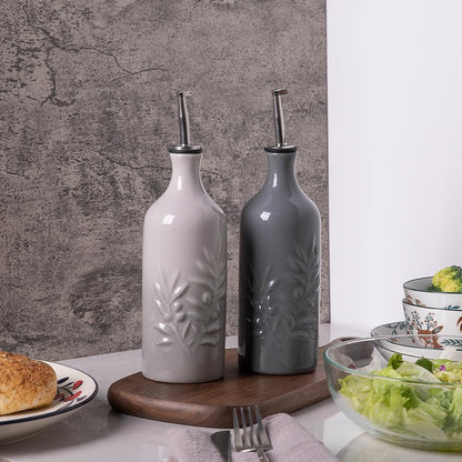 Sweejar Ceramic Olive Oil Dispenser Bottle, 20 Oz Relief Opaque Oil Cruet Protects Oil To Reduce Oxidation, Storage Vinegar, Soy Sauce, Coffee Syrup, Liquids, Set of 1 (Gradient Fog Gray)