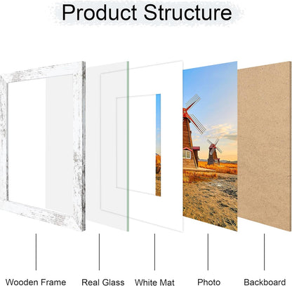 8x10 Picture Frame Set of 4, 8 x 10 Wood Photo Frames with Mat for 5x7, Rustic Natural Wooden Frame with Real Glass Cover for Wall and Tabletop Display,Distressed White