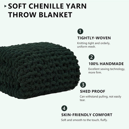 L'AGRATY Chunky Knit Blanket Throw - Soft Chunky Throw Blanket 30x40: 100% Hand Kintted Chenile Crochet Throw Blanket for Couch - Large Cable Knit Chunky Blanket for Home Decor(Olive Green)