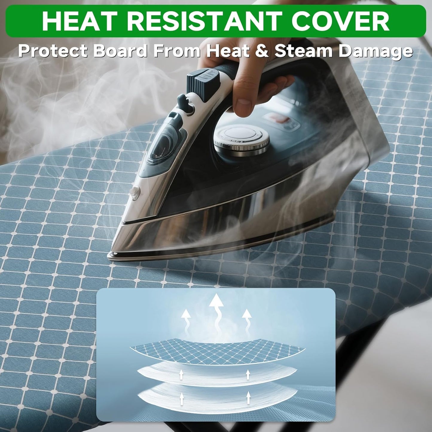 Compact Ironing Board 13 x 43, Iron Board with Heat Resistant Surface, Adjustable Height, Space Saving Table with Hook & Iron Rest for Home & Laundry Room, Diagonal Checkered Blue