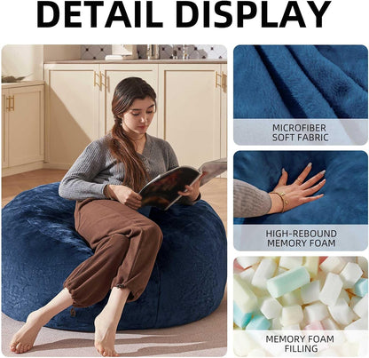 Bean Bag Chair 3Ft, Memory Foam Filled, Large Beanbag Chairs for Adults and Teens, Soft Sofa with Removable Flannel Cover, Round Couch for Living Room Bedroom College Dorm (Blue, 3FT-36×36"×24")