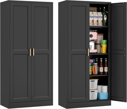 60" Tall Metal Pantry Cabinet, Black Kitchen Pantry Storage Cabinet with Doors and 3 Adjustable Shelves, Cupboard for Kitchen, Dining Room, Living Room, Bathroom