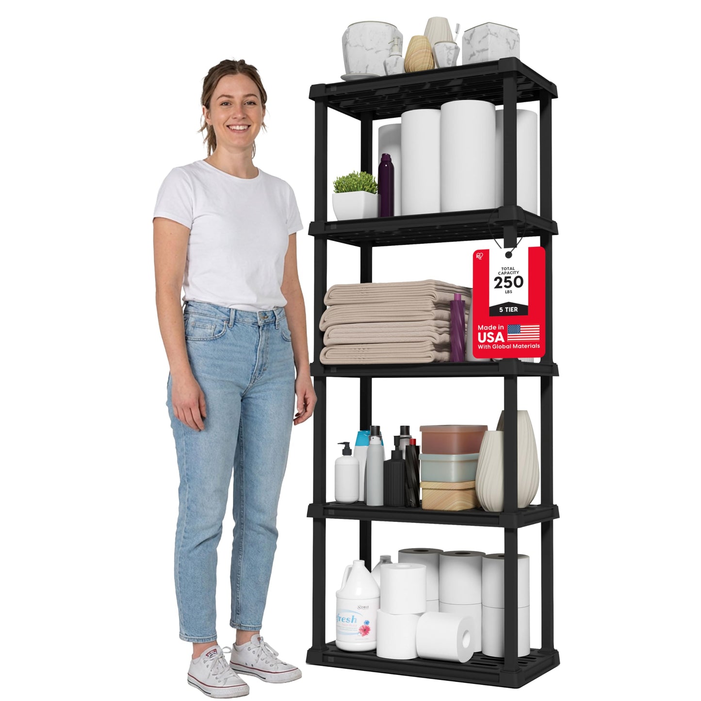 IRIS USA Plastic Storage Shelves |Made in USA| 64"H x 24"W x 12"D - Black